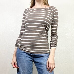 Express Brown & White Striped Long Sleeve Fitted Tshirt